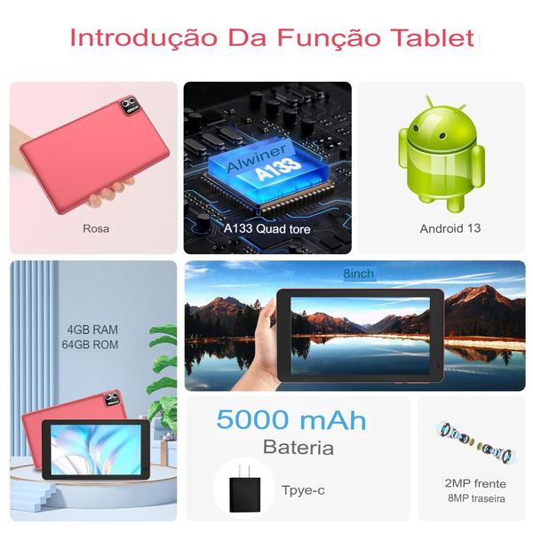 Imagem de Tablet 8" Polegadas 4Gb 64Gb Android 13 Quad Core Tela IPS 1280x800 5000mAh Bateria Wi-Fi Preto