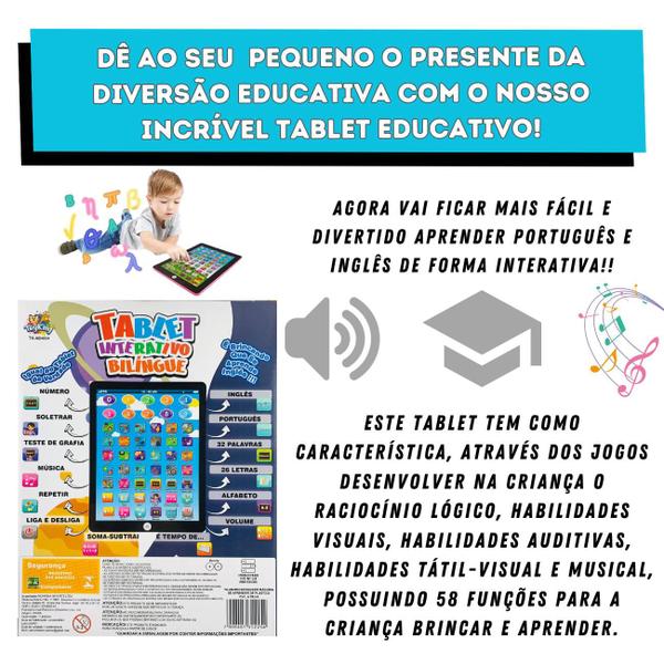 Imagem de Tablet Educativo Bílingue Infantil Unisex - Educativo 58 Atividades Inglês e Português Brinquedo