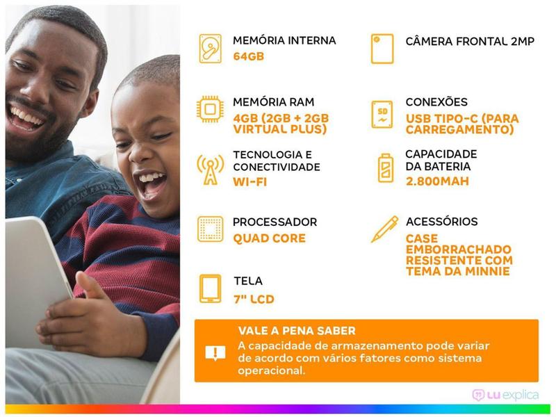 Imagem de Tablet Infantil Multilaser NB414 7” 64GB 4GB RAM Android 13 Go Edition Quad Core Wi-Fi