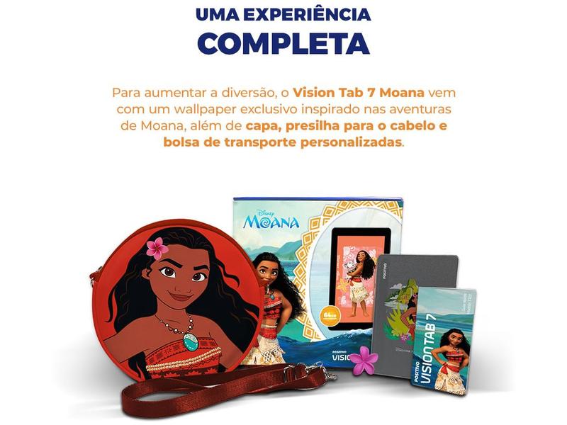 Imagem de Tablet Infantil Positivo Vision Tab Moana com Capa e Bolsa 3GB RAM 64GB 7" Android 14 Go Wi-Fi