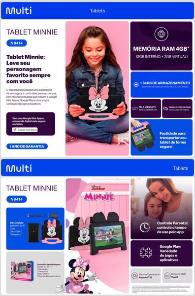 Imagem de TABLET MINNIE Infantil 64 GB Multilaser Disney Google Play