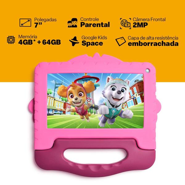 Imagem de Tablet Multi Patrulha Canina Skye com Controle Parental 7 pol 4GB RAM 64GB Android 13 Quad Core + Case + Wi-fi - NB422