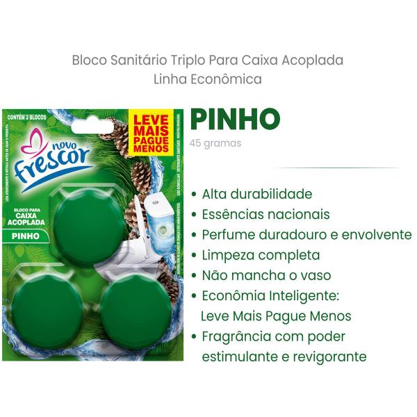 Imagem de Tablete Vaso Sanitário Bloco Caixa Acoplada PINHO TRIPLO Cartela 3 Blocos  Novo Frescor 45g Leve Notas Amadeiradas