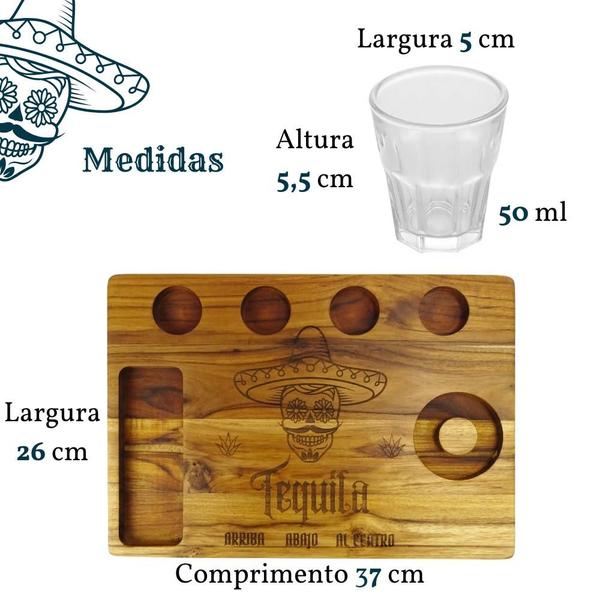 Imagem de Tábua Shot Régua Tequila Régua Shot Madeira Teca 4 Copos