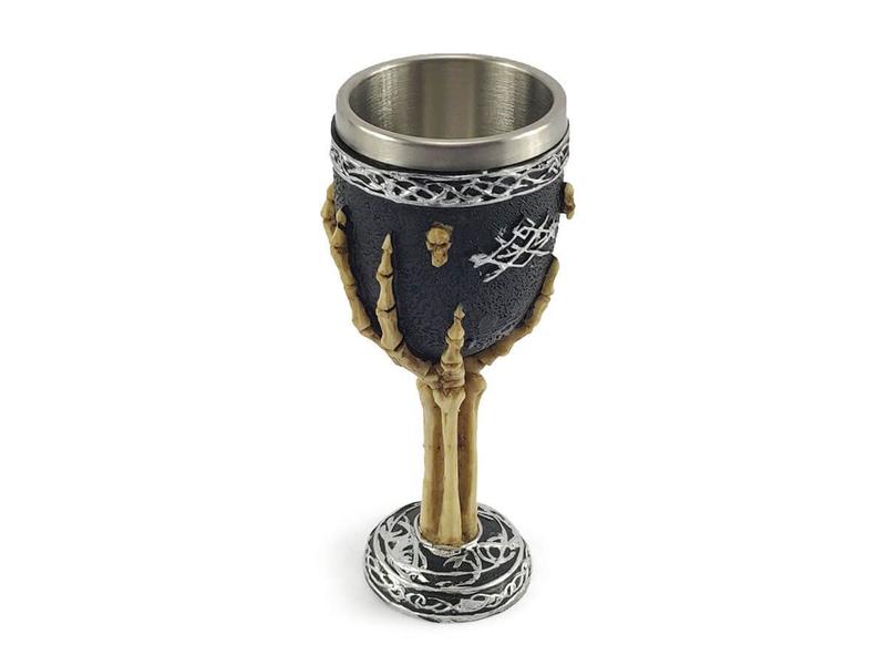 Imagem de Taça Cálice Em Aço Inox e Resina Crânio Medieval Mão Esqueleto Osso Rock Colecionável Decorativo Coquetel Cerveja