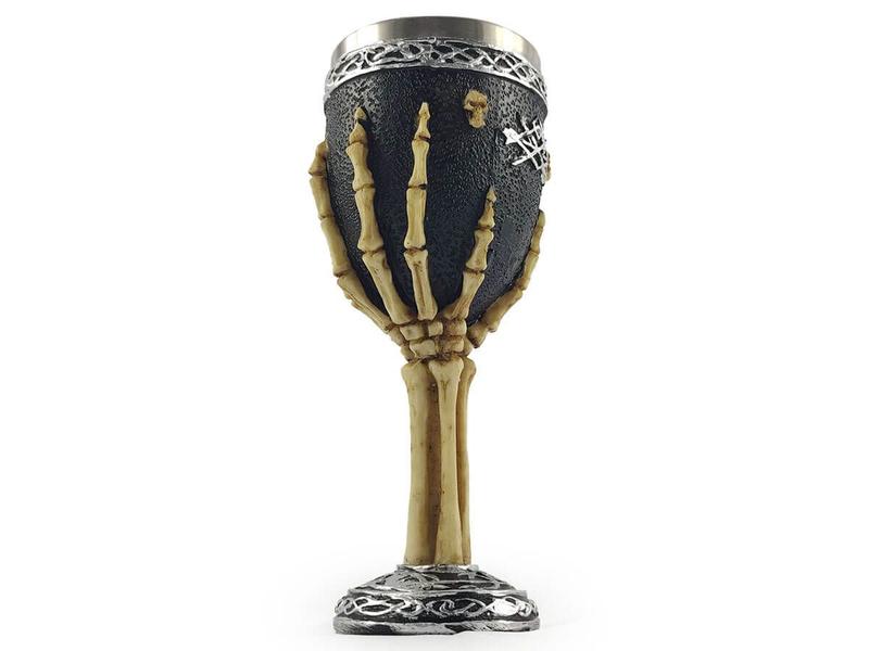 Imagem de Taça Cálice Em Aço Inox e Resina Crânio Medieval Mão Esqueleto Osso Rock Colecionável Decorativo Coquetel Cerveja