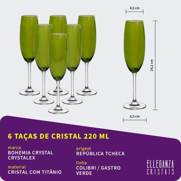 Imagem de Taça de Cristal Bohemia Para Champanhe 220 ml Verde Gastro/Colibri 6 Peças