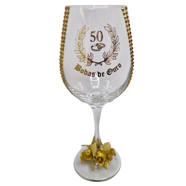 Imagem de Taça Vidro Bodas De Ouro 50 Anos Rosas Casal Vinho