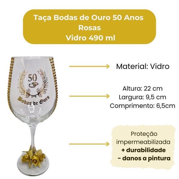 Imagem de Taça Vidro Bodas De Ouro 50 Anos Rosas Casal Vinho