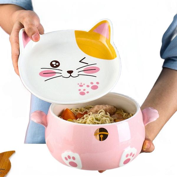 Imagem de Taça Wokex Kawaii Cat Ramen Ceramic com tampa, colher, prato