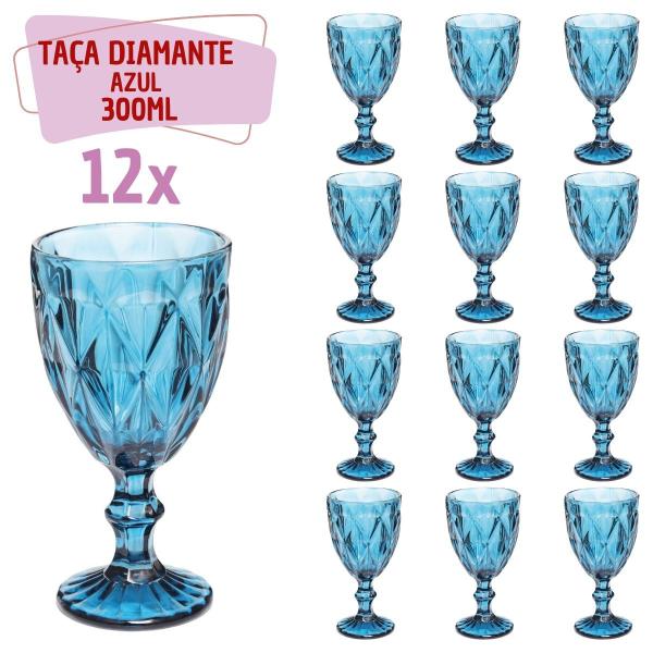 Imagem de Taças Diamante Copos Vidro Azul Bico De Jaca 300ml - 12un