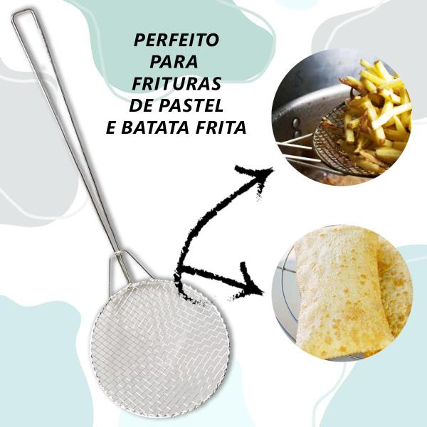 Imagem de Tacho Branco Esmaltado 2,5 Litros com Escumadeira Fritura Salgado Pastel kit Pasteleiro