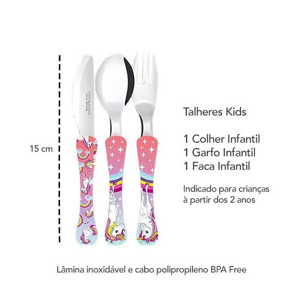 Imagem de Talheres Infantil Colher Faca Garfo Kids Unicornio Rosa 3un