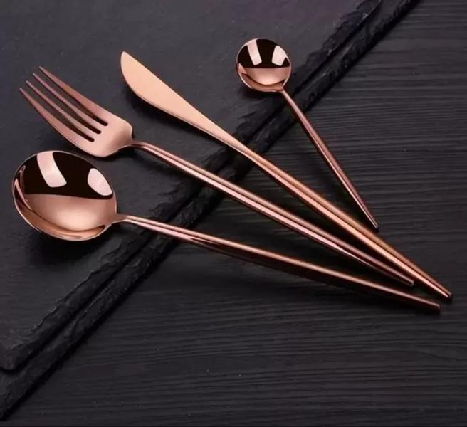 Imagem de Talheres Salada Jantar Cozinha Bar Buffet Jogo Faqueiro Kit 24 Peças Talher Dourado Rose Preto/Dourado Aço Inoxidável