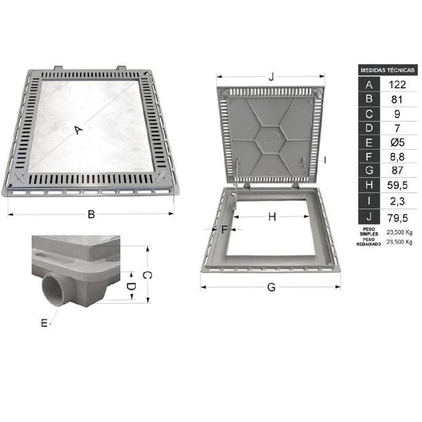 Imagem de Tampão 80 x 80 CM Rebaixado e Articulado com Grelha para Casa de Máquinas de Piscinas 3179 Bege GDA