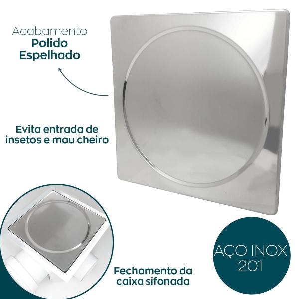 Imagem de Tampão De Caixa Sifonada Inox 15x15 Tampa Ralo Grelha 15cm Tampa Cega Quadrada Antiodor Cano Lavanderia Banheiro Veda Ra