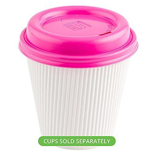 Imagem de TAMPAS APENAS: Restpresso 8/12/16/20 OZ Coffee Cup Tampas, 500 Tampas de Café - Cabe 8, 12, 16 E 20 Onças Copos, Bico de Beber Elevado, Tampas de Copo Quente de Plástico Rosa Quente, Ventilado, Reciclável - Restaurantware