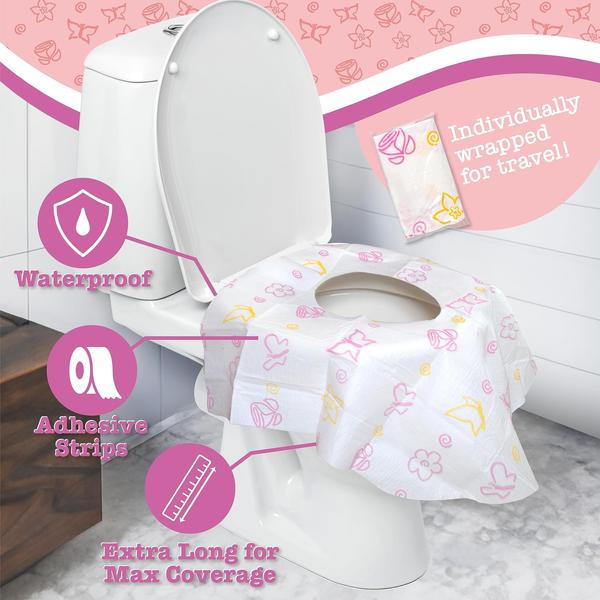 Tampas de assento higiênico descartáveis para crianças e adultos (40 Pack) Germ Protect from Public Toilets - impermeável, embalado individualmente, revestido de plástico para nenhum fio de imersão, XL para cobrir todo o vaso sanitário - rosa / flo - POTTY SHIELDS Imagem de Tampas de assento higiênico descartáveis para crianças e adultos (40 Pack) Germ Protect from Public Toilets - impermeável, embalado individualmente, revestido de plástico para nenhum fio de imersão, XL para cobrir todo o vaso sanitário - rosa / flo