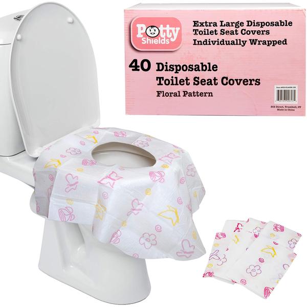 Tampas de assento higiênico descartáveis para crianças e adultos (40 Pack) Germ Protect from Public Toilets - impermeável, embalado individualmente, revestido de plástico para nenhum fio de imersão, XL para cobrir todo o vaso sanitário - rosa / flo - POTTY SHIELDS Imagem de Tampas de assento higiênico descartáveis para crianças e adultos (40 Pack) Germ Protect from Public Toilets - impermeável, embalado individualmente, revestido de plástico para nenhum fio de imersão, XL para cobrir todo o vaso sanitário - rosa / flo