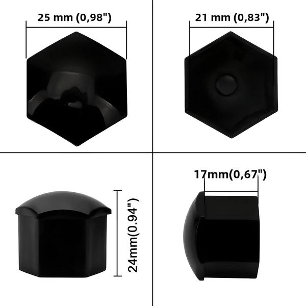 Imagem de Tampas Pretas para Porca de Roda de Carro (17mm, 19mm, 21mm) - Pacote com 20 Peças