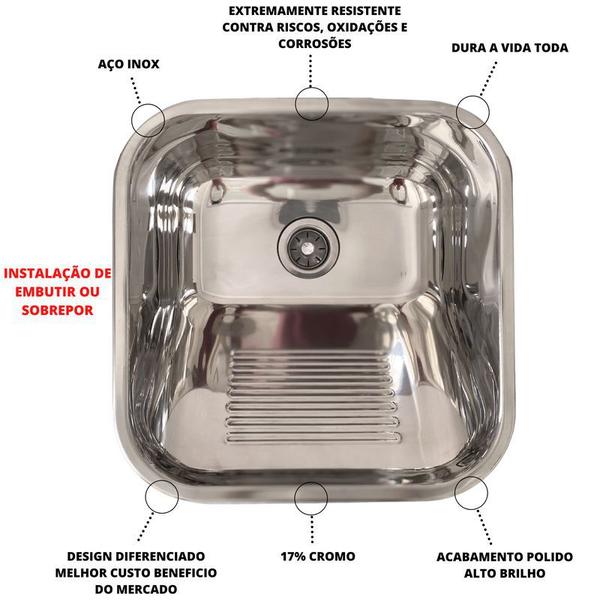 Imagem de Tanque 22l Aço Inox Pia Lavanderia 40x40x22cm + Válvula