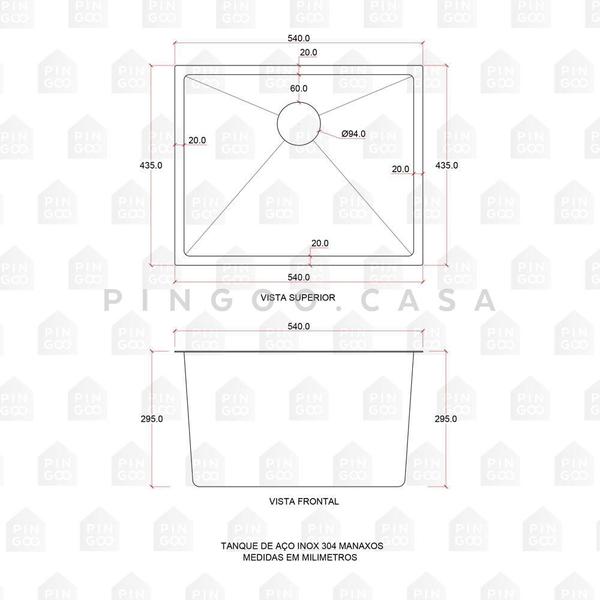 Imagem de Tanque de Aço Inox 304 Manaxos 54x44 cm Pingoo.casa - Preto