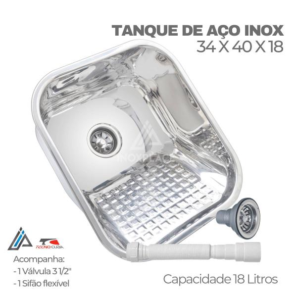 Imagem de Tanque de Aço Inox 34x40x18cm Aço Inox 304 Capacidade 18 Litros  com Valvula 3 1/2 e Sifão