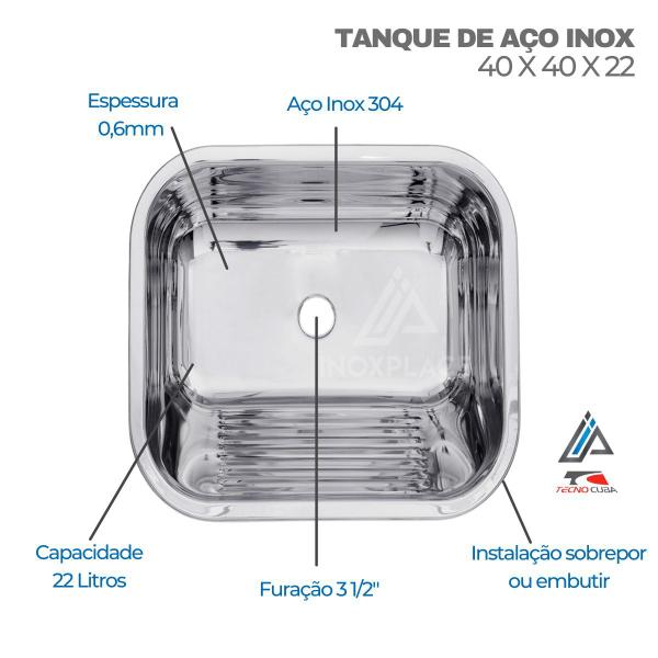 Imagem de Tanque de Aço Inox 40x40x22cm Aço Inox 304 Capacidade 22 litros com Valvula 3 1/2 e Sifão