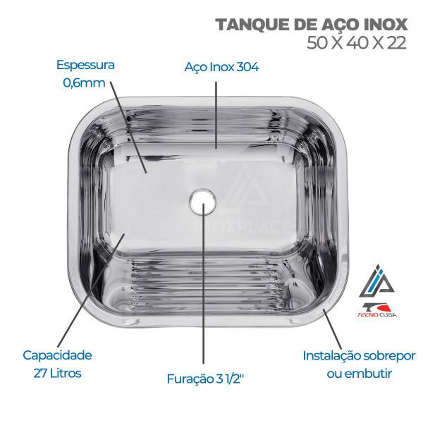 Imagem de Tanque de Aço Inox 50x40x22cm Aço Inox 304 Capacidade 27 litros com Valvula 3 1/2 e Sifão