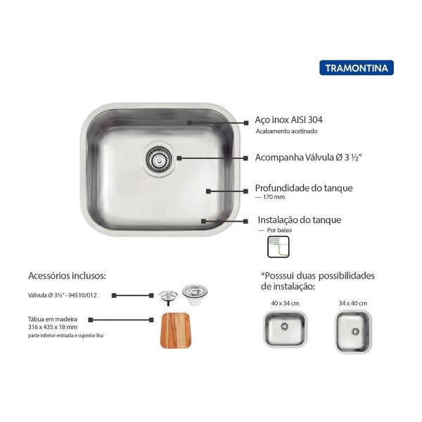 Imagem de Tanque de Embutir Tramontina Compact 20 L em Aço Inox Acetinado 40x34 cm