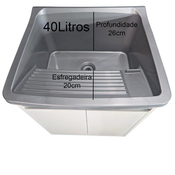 Imagem de Tanque de Lavanderia Plástico 40L Com Gabinete MDF 56cm Puxador Perfil