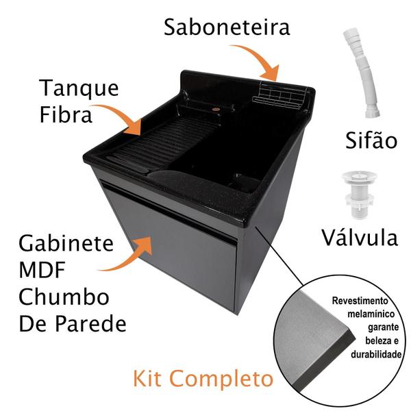 Imagem de Tanque de lavar Fibra 38L Esfregadeira Lateral Com Gabinete MDF Chumbo de Parede 54cm