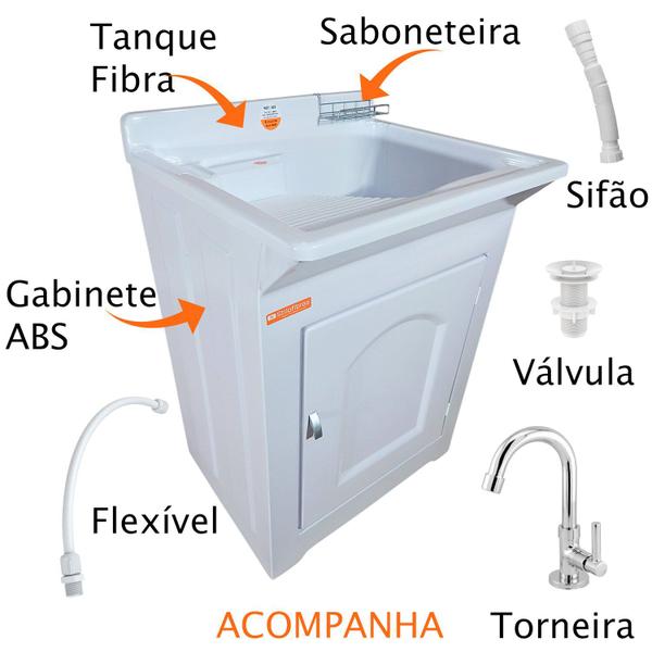 Imagem de Tanque De Lavar Roupa Em Fibra 40L Esfregadeira Lateral Com Gabinete ABS Incluso Torneira de Mesa