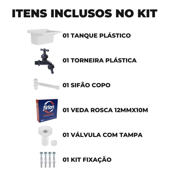 Imagem de Tanque de Plástico 22L Para Lavanderia Branco + Sifão Copo Universal Sanfonado + Fita Veda Rosca + Torneira Reforçada