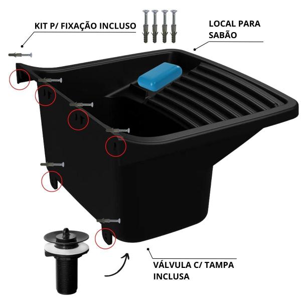 Imagem de Tanque de Plástico 22L Para Lavanderia Preto + Sifão Universal Sanfonado + Fita Veda Rosca + Torneira