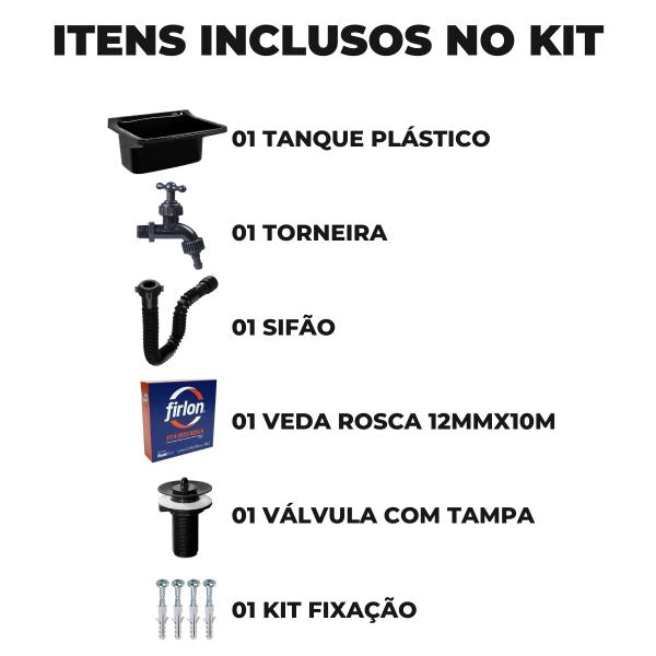 Imagem de Tanque de Plástico 40L Para Lavanderia Preto + Sifão Universal Sanfonado + Fita Veda Rosca + Torneira Reforçada