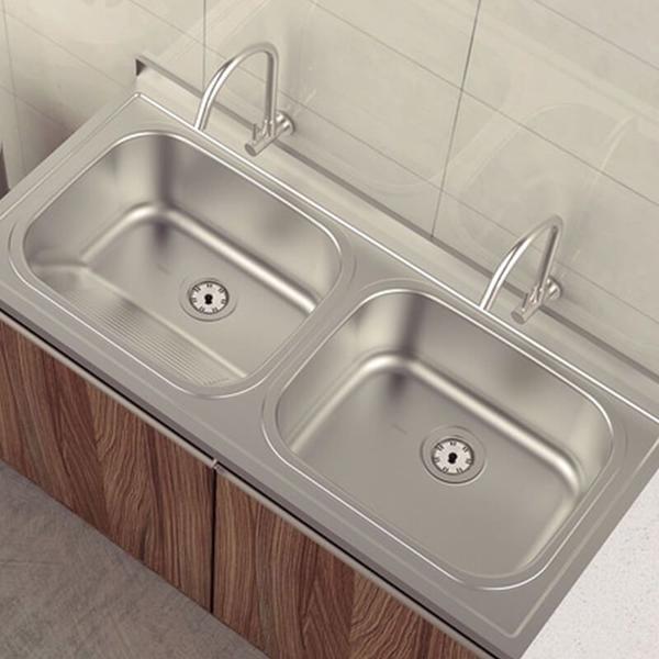 Tanque e Cuba de Aço Inox Acetinado de Apoio 34 e 37 Litros 120x55cm c/ Duas Válvulas 3,5 Tramontina Imagem de Tanque e Cuba de Aço Inox Acetinado de Apoio 34 e 37 Litros 120x55cm c/ Duas Válvulas 3,5 Tramontina