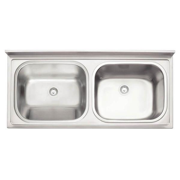 Tanque e Cuba de Aço Inox Acetinado de Apoio 34 e 37 Litros 120x55cm c/ Duas Válvulas 3,5 Tramontina Imagem de Tanque e Cuba de Aço Inox Acetinado de Apoio 34 e 37 Litros 120x55cm c/ Duas Válvulas 3,5 Tramontina