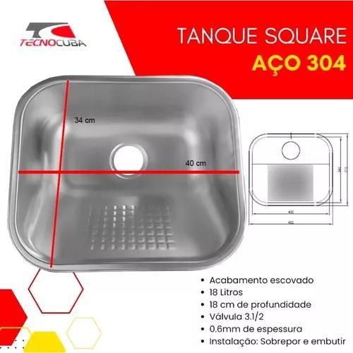 Tanque Inox 40x34 Esfregador Square Acabamento Fosco Escovado - Tecnocuba Imagem de Tanque Inox 40x34 Esfregador Square Acabamento Fosco Escovado