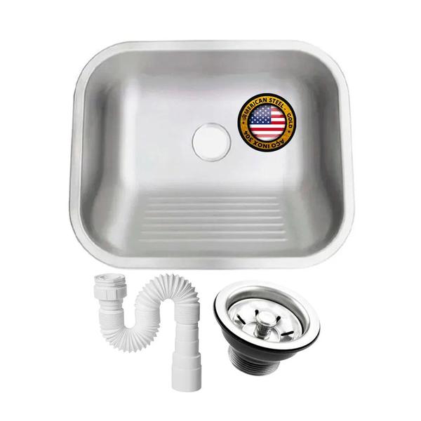 Imagem de Tanque Inox Monobloco 50X40 Fosco Acetinado Válvula + Sifão Aço 304