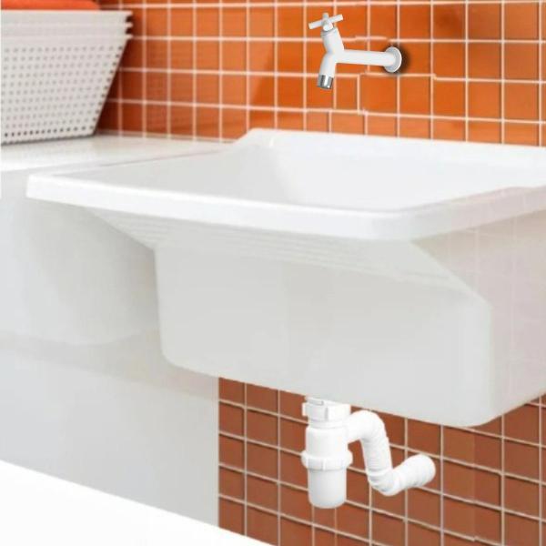 Tanque Plástico 34L Para Lavanderia Branco + Sifão Copo Universal Sanfonado + Veda Rosca + Torneira Branca - Astra Imagem de Tanque Plástico 34L Para Lavanderia Branco + Sifão Copo Universal Sanfonado + Veda Rosca + Torneira Branca