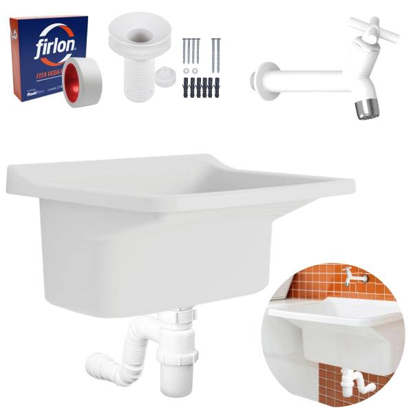 Tanque Plástico 34L Para Lavanderia Branco + Sifão Copo Universal Sanfonado + Veda Rosca + Torneira Branca - Astra Imagem de Tanque Plástico 34L Para Lavanderia Branco + Sifão Copo Universal Sanfonado + Veda Rosca + Torneira Branca