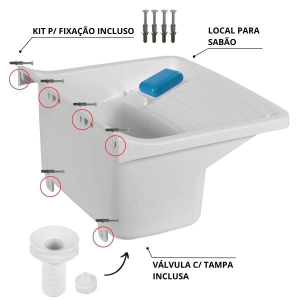 Tanque Plástico 34L Para Lavanderia Branco + Sifão Copo Universal Sanfonado + Veda Rosca + Torneira Branca - Astra Imagem de Tanque Plástico 34L Para Lavanderia Branco + Sifão Copo Universal Sanfonado + Veda Rosca + Torneira Branca