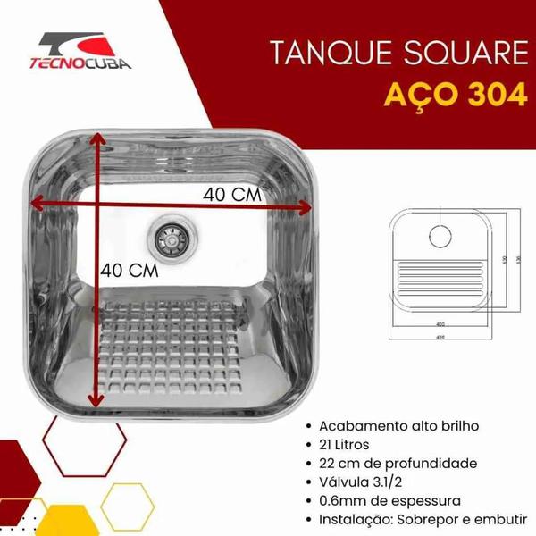 Tanque Square 40x40 + válvula + sifão (Polido) - Tecnocuba Imagem de Tanque Square 40x40 + válvula + sifão (Polido) - Tecnocuba