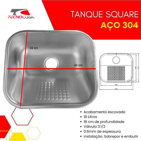 Imagem de Tanque Tecnocuba Square - 40x34  Aço Inox 304