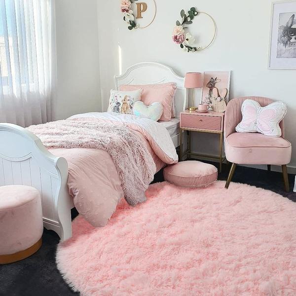 Imagem de Tapete Andrebio Pink Fluffy Circle 180 cm de diâmetro para meninas