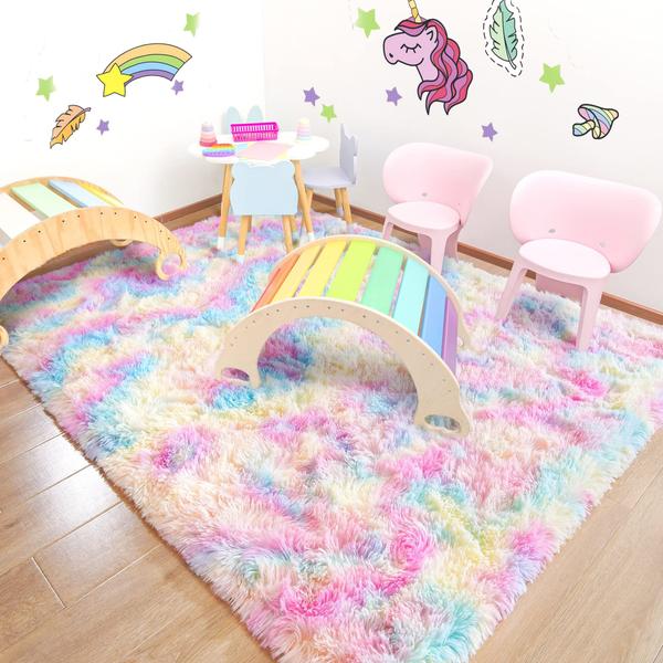 Imagem de Tapete Area junovo Soft Rainbow para quarto de meninas, fofo e colorido