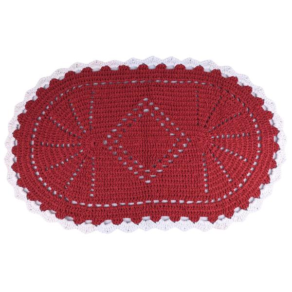 Imagem de Tapete Artesanal De Crochê Oval Barbante Vermelho N6 72Cm Borda Branca Para Decorar Quarto Sala Escritório