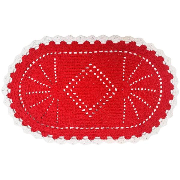 Imagem de Tapete Crochê Oval Artesanal 72Cm Barbante Vermelho N6 Borda