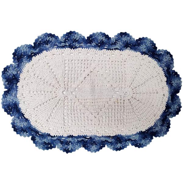 Imagem de Tapete De Crochê Artesanal Oval 75Cm Barbante Branco N6 Borda Azul Para Decorar Escritório Quarto Sala